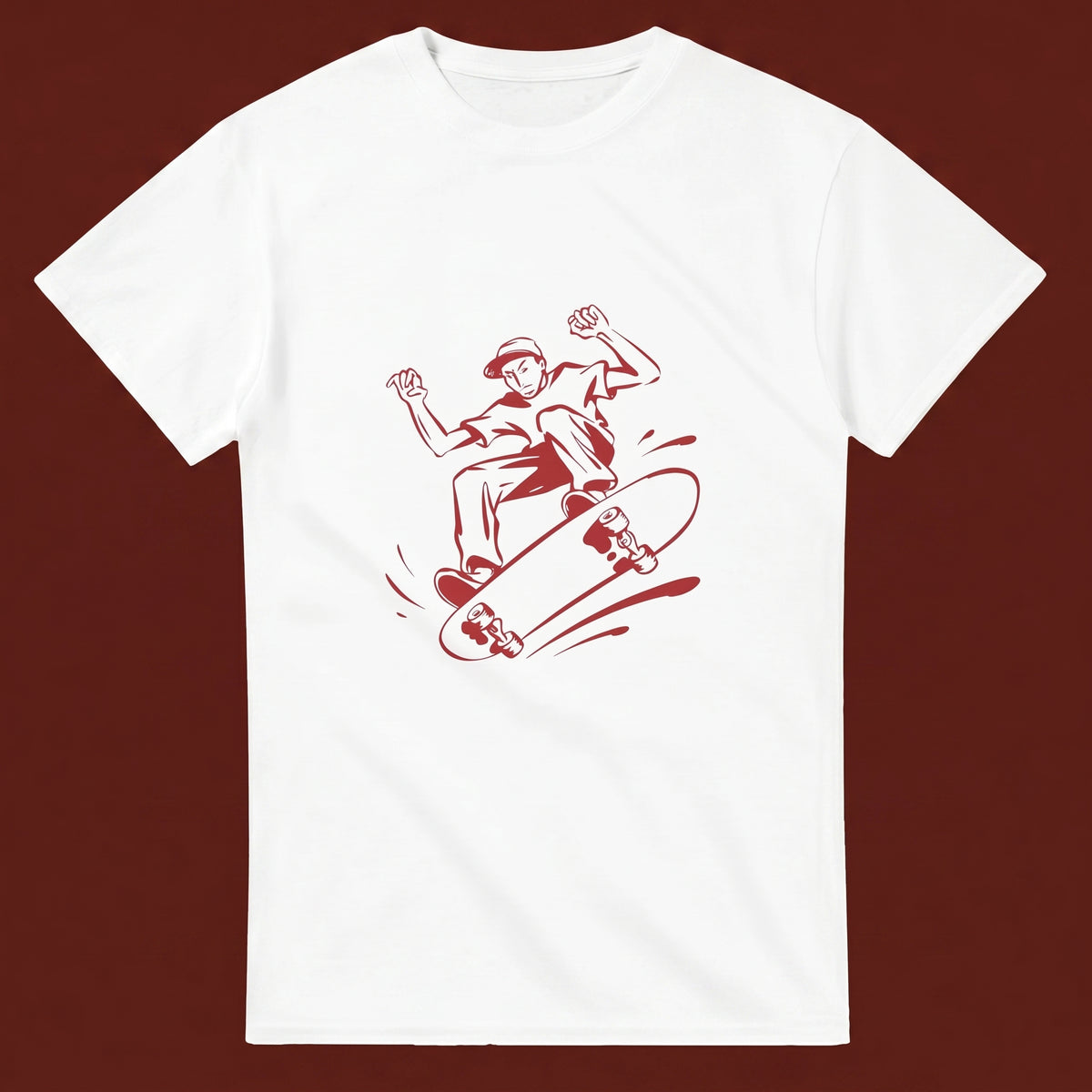 Kickflip streetwear tee, oxblood flat-lay