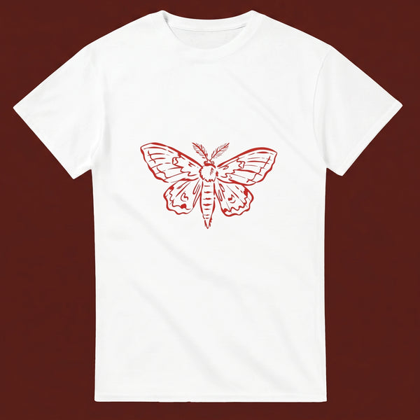 Moth streetwear tee, oxblood flat-lay