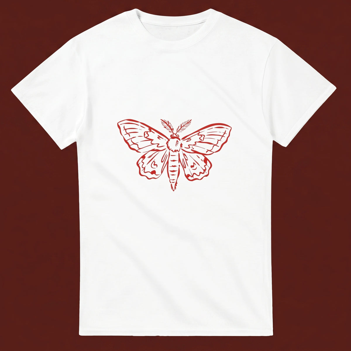 Moth streetwear tee, oxblood flat-lay