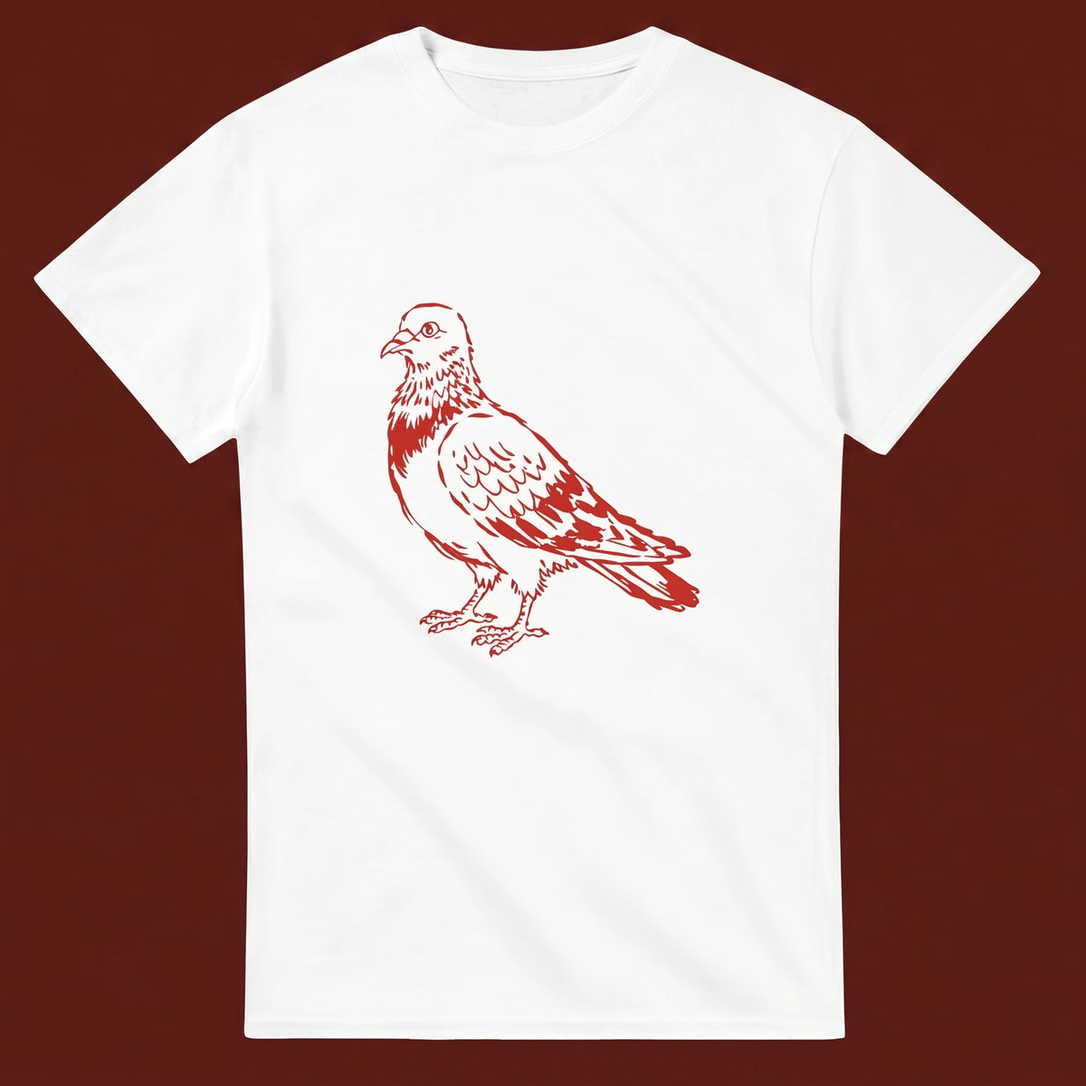 Pigeon streetwear tee, oxblood flat-lay