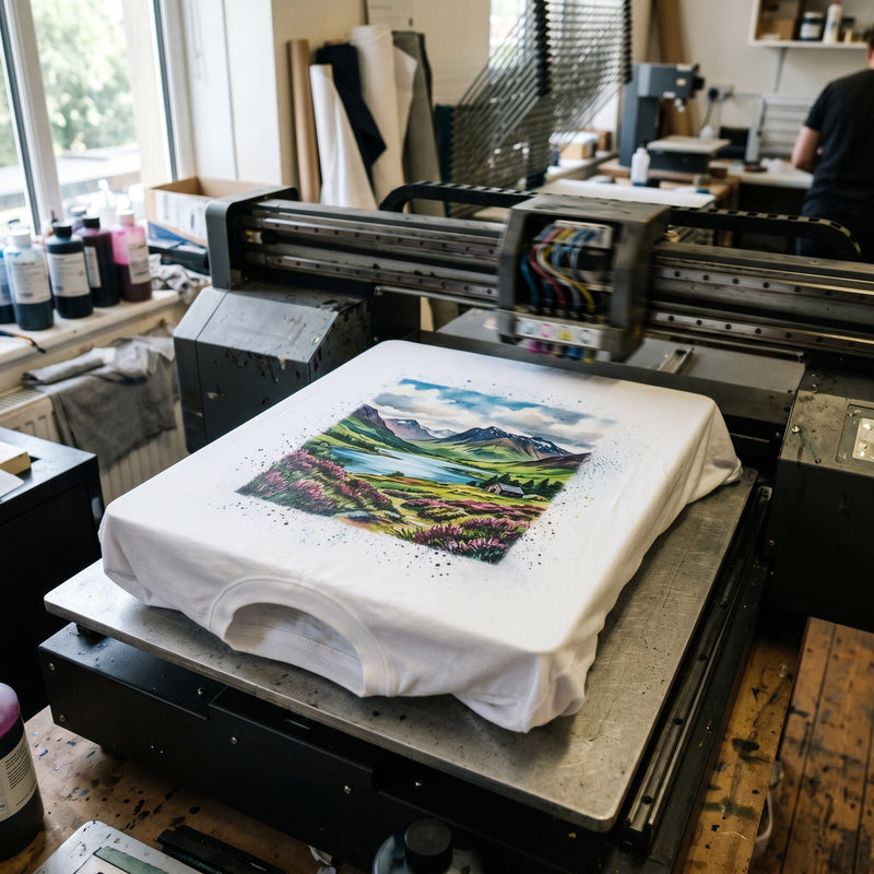 A Taylored Merch tee being printed to order in a UK studio