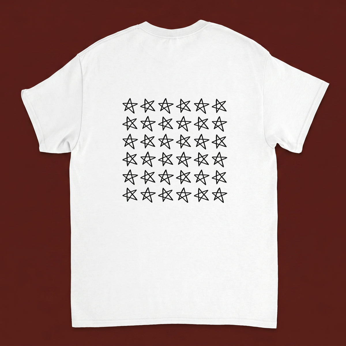 Star Field streetwear tee, oxblood flat-lay
