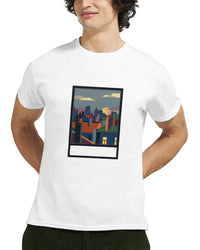 Window Seat framed cityscape — Taylored Merch heavyweight streetwear t-shirt, front print
