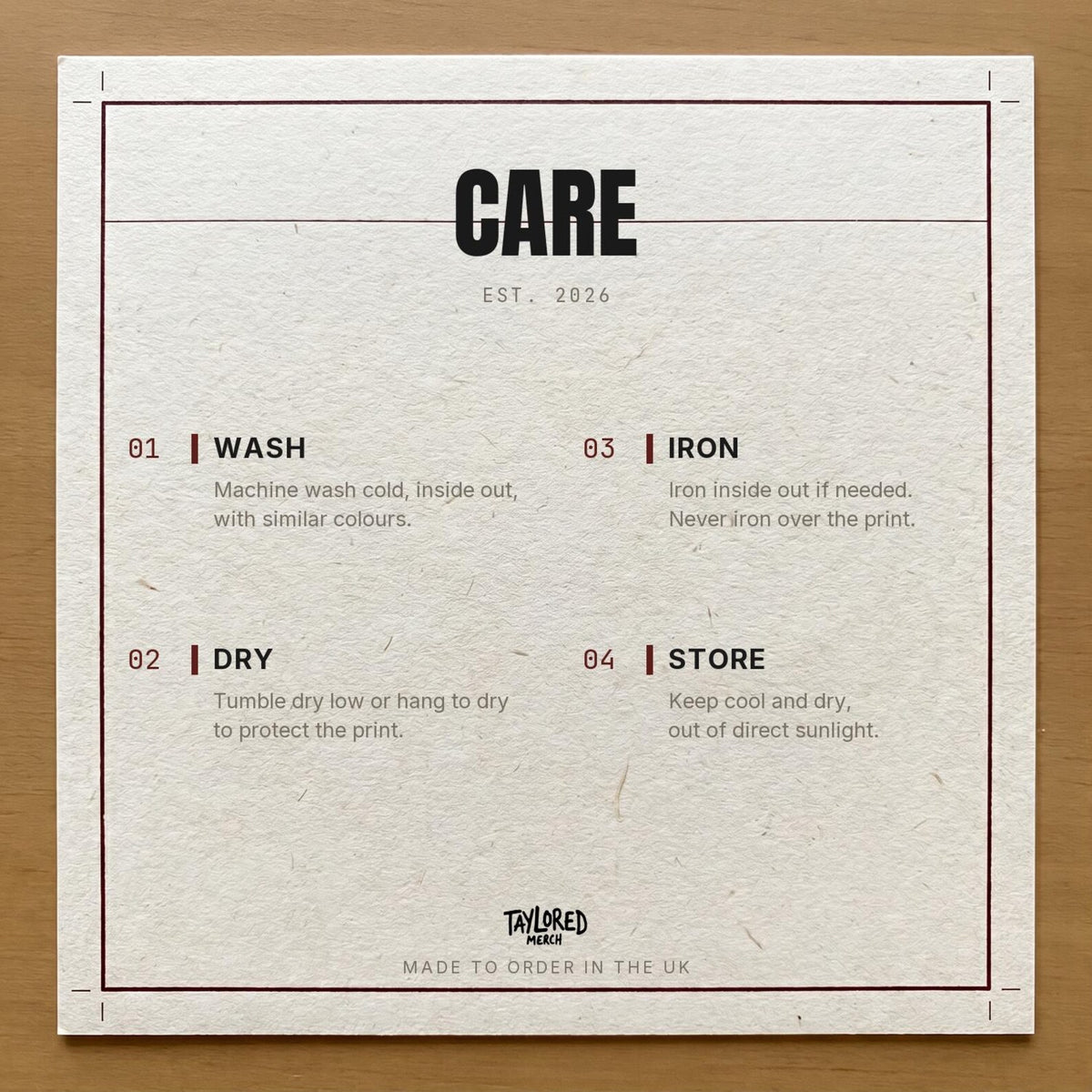 Taylored Merch care instructions