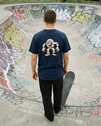 Creep — Taylored Merch streetwear tee, navy, back print on model