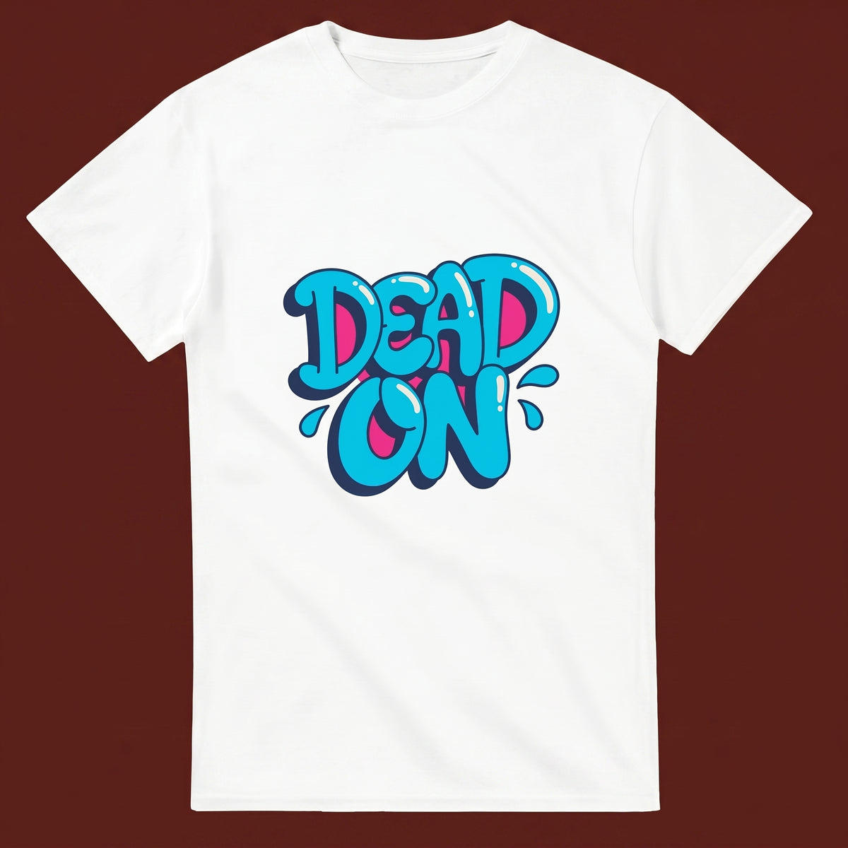 Dead On streetwear tee, oxblood flat-lay