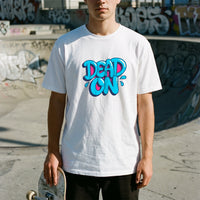 Dead On graffiti lettering — Taylored Merch heavyweight streetwear tee, front print on model