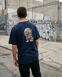 Ghoul — Taylored Merch streetwear tee, navy, back print on model