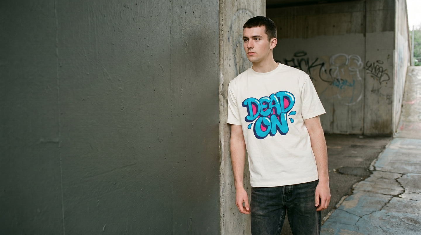 Taylored Merch Dead On graphic tee worn against a graffiti wall