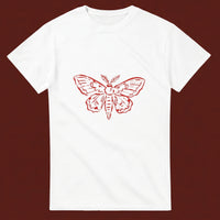 Moth streetwear tee, oxblood flat-lay