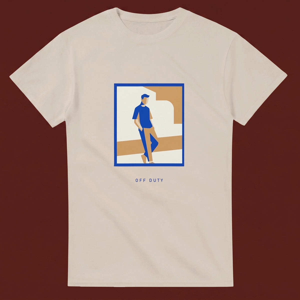 Off Duty streetwear tee, oxblood flat-lay
