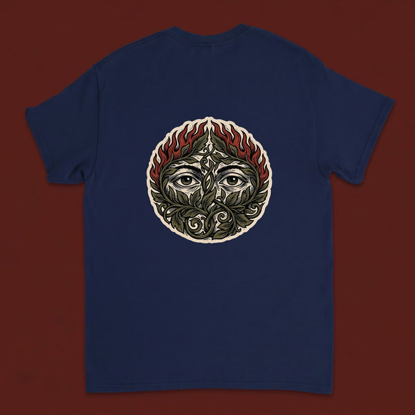 Overgrown — Taylored Merch streetwear tee, oxblood studio flat-lay, navy back print