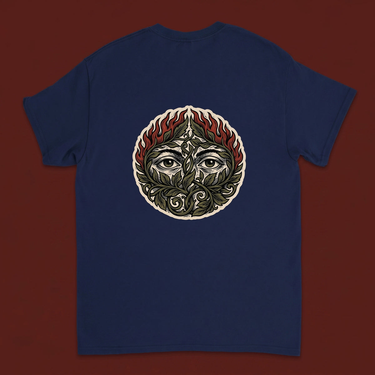 Overgrown — Taylored Merch streetwear tee, oxblood studio flat-lay, navy back print