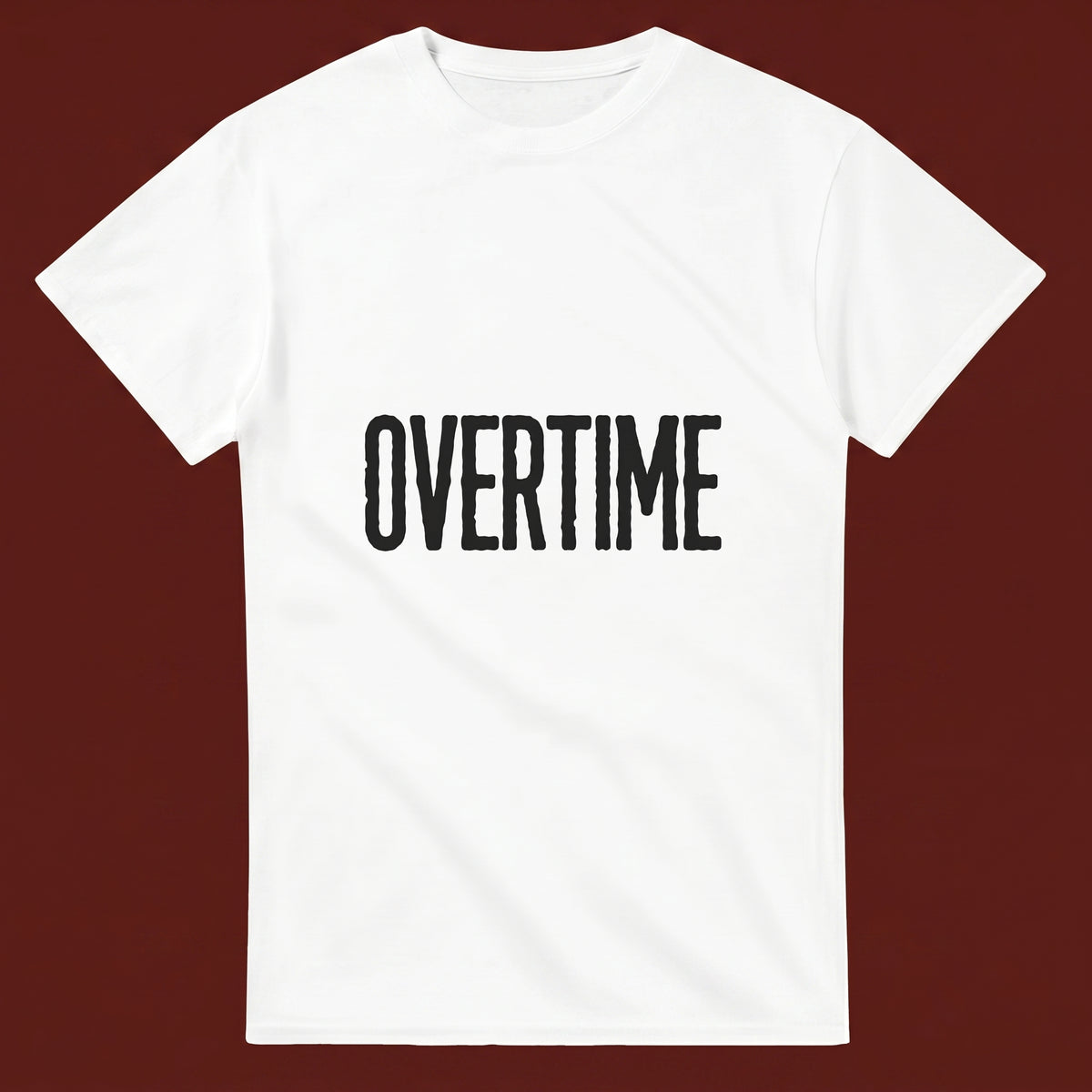 Overtime streetwear tee, oxblood flat-lay