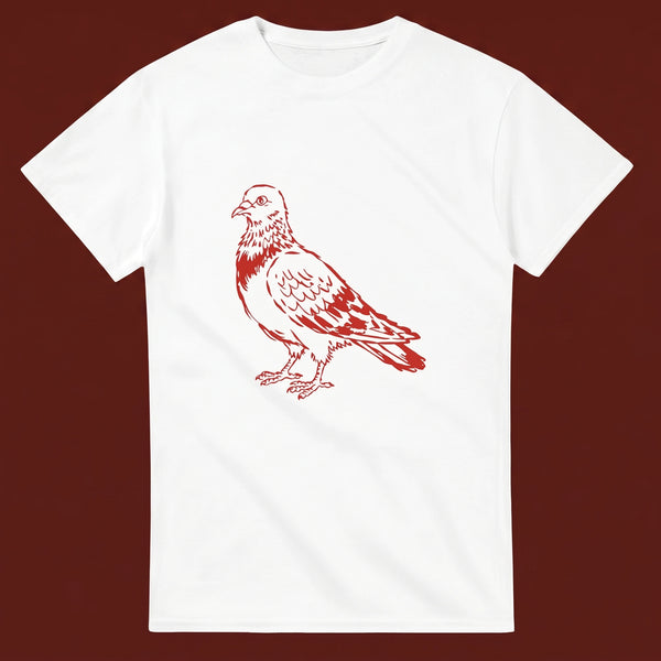 Pigeon streetwear tee, oxblood flat-lay