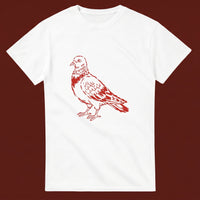 Pigeon streetwear tee, oxblood flat-lay