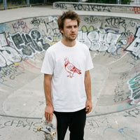 Pigeon streetwear tee, on model