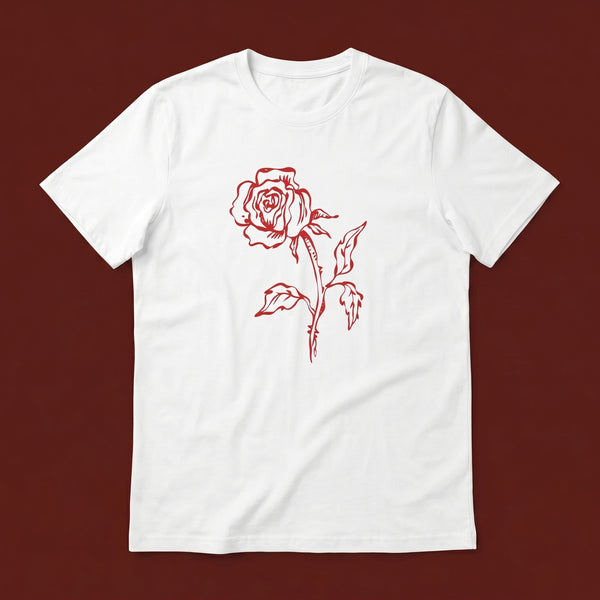 Rose streetwear tee, oxblood flat-lay