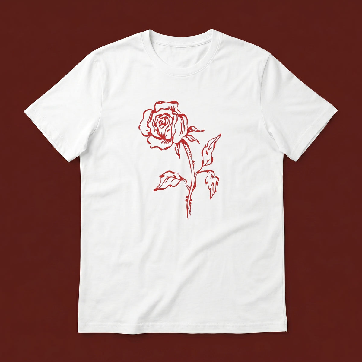 Rose streetwear tee, oxblood flat-lay