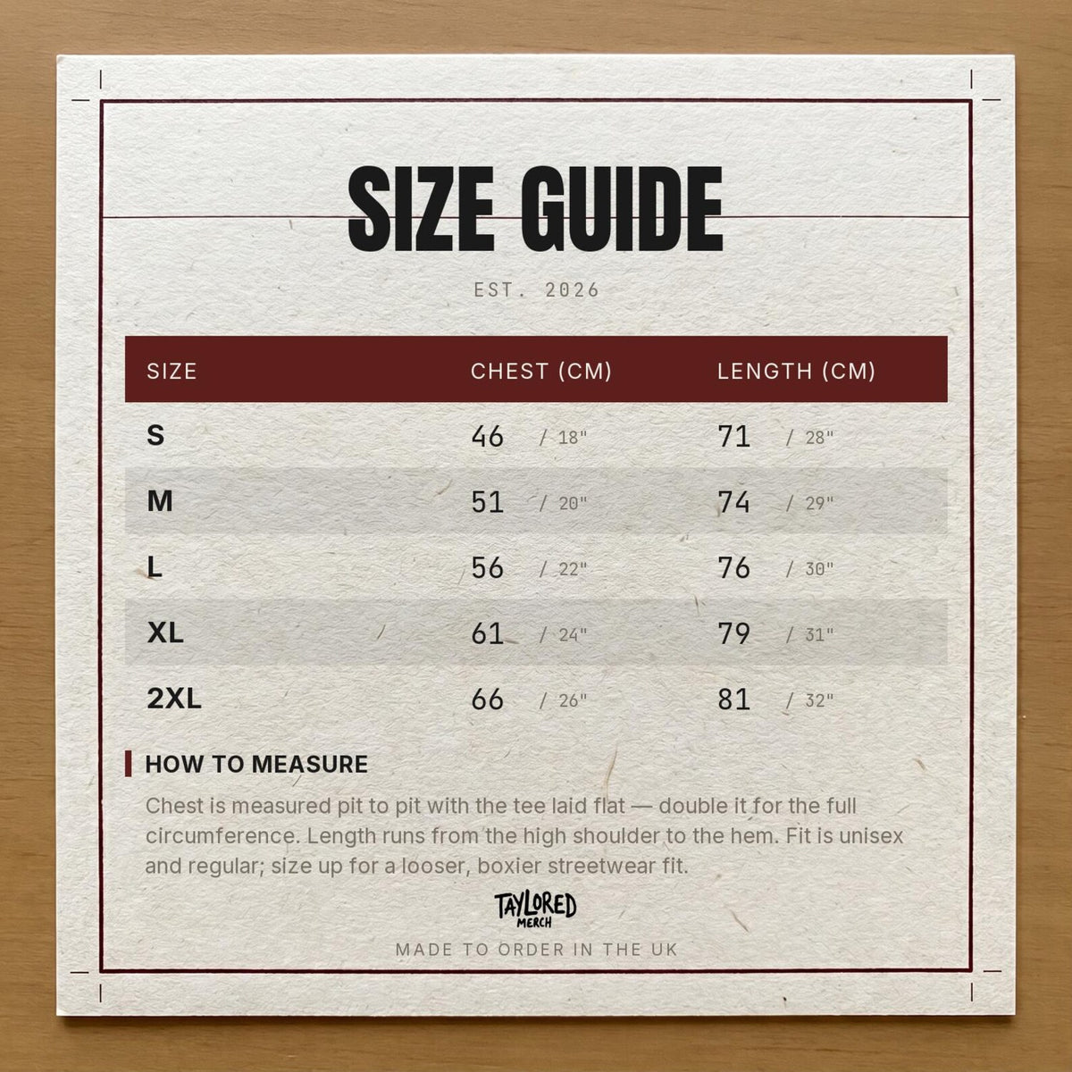Taylored Merch tee size chart