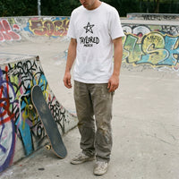 Star Stack streetwear tee, on model