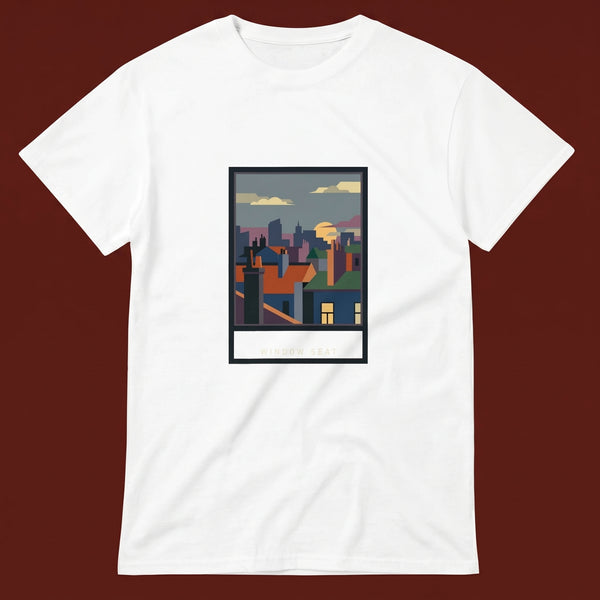 Window Seat streetwear tee, oxblood flat-lay
